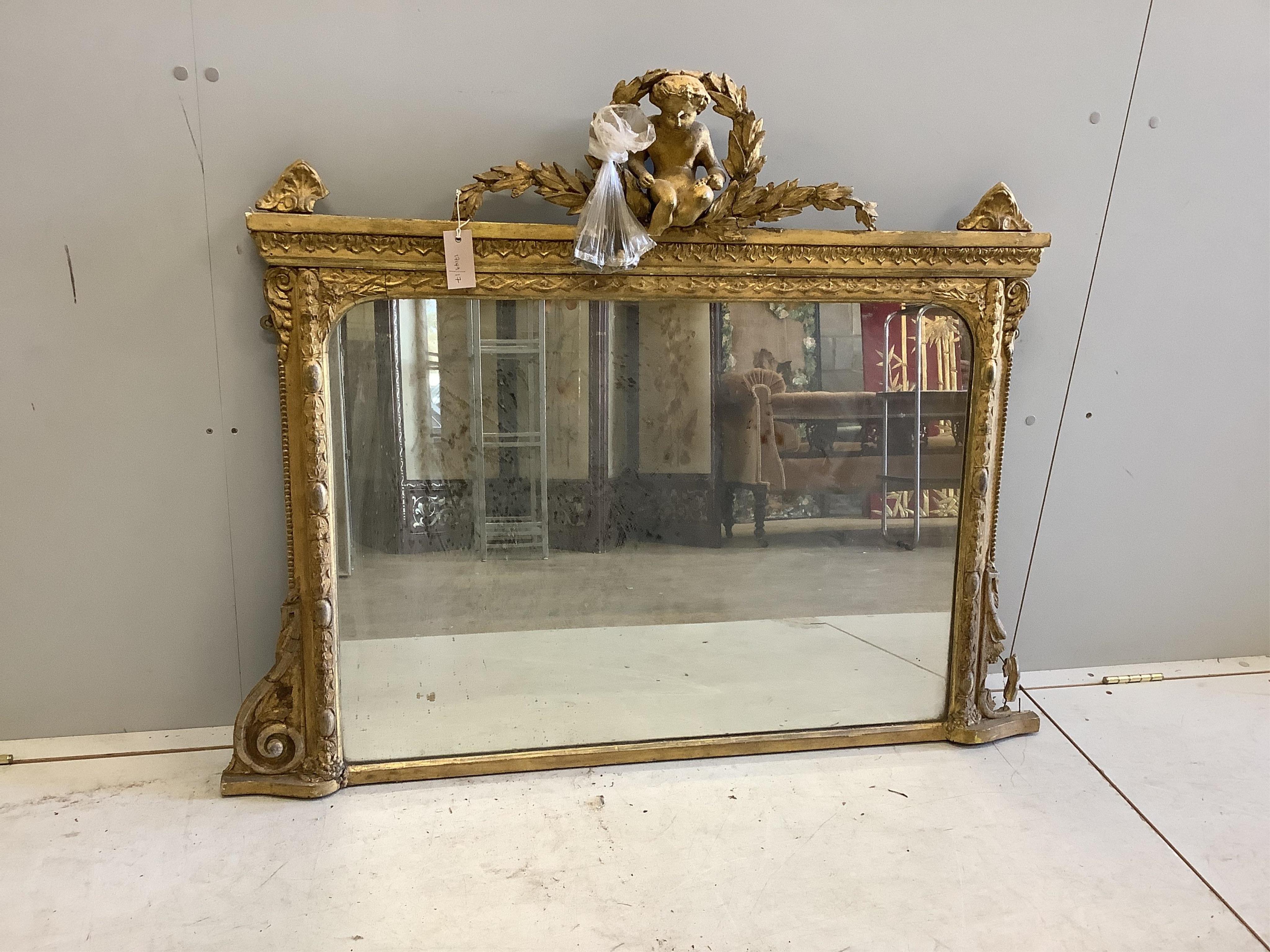 A Victorian giltwood and composition overmantel mirror, width 118cm, height 94cm. Condition - poor, requiring restoration